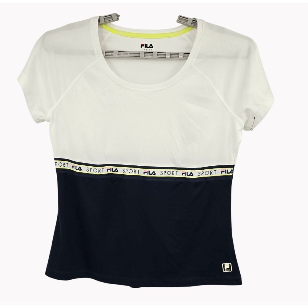 Fila Sport Womens L White Navy Two Tone Athletic T Shirt Performance